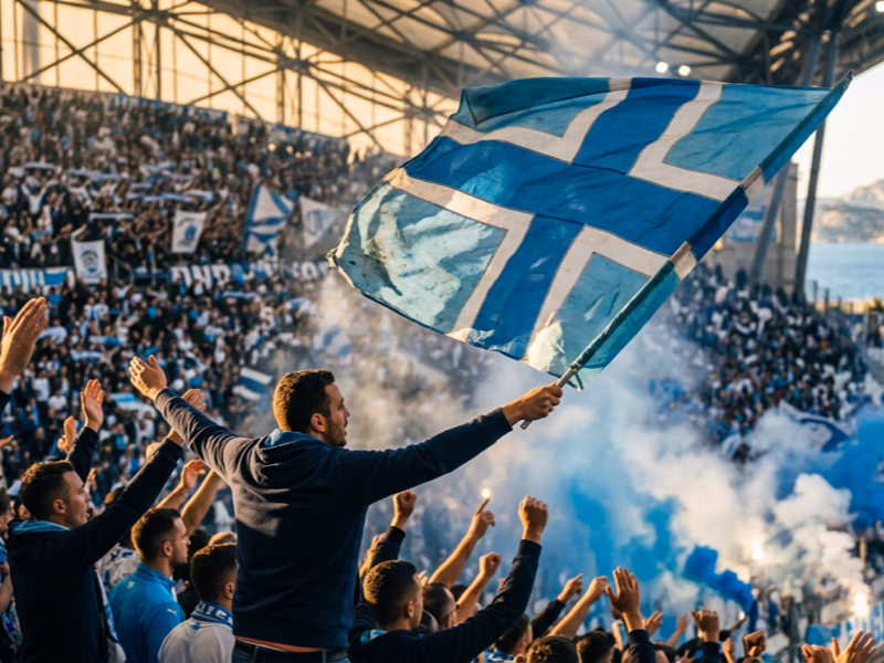 Mains de supporters marseillais brandissant un drapeau ciel et blanc OM illustrant la passion du club phocéen