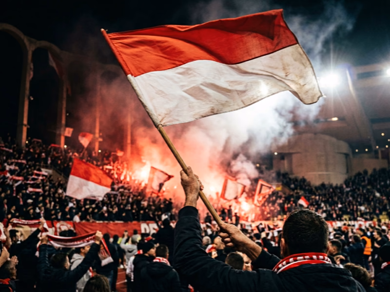 Gros plan drapeau supporter rouge et blanc principautaire flottant au vent dans l'ambiance Côte d'Azur du club princier
