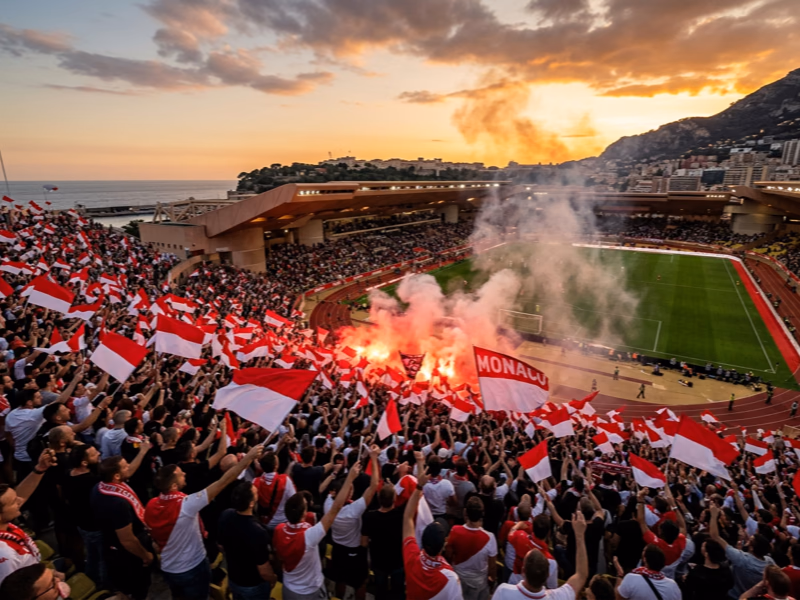 Mains de supporters brandissant un drapeau principautaire AS Monaco illustrant la passion du club rouge et blanc