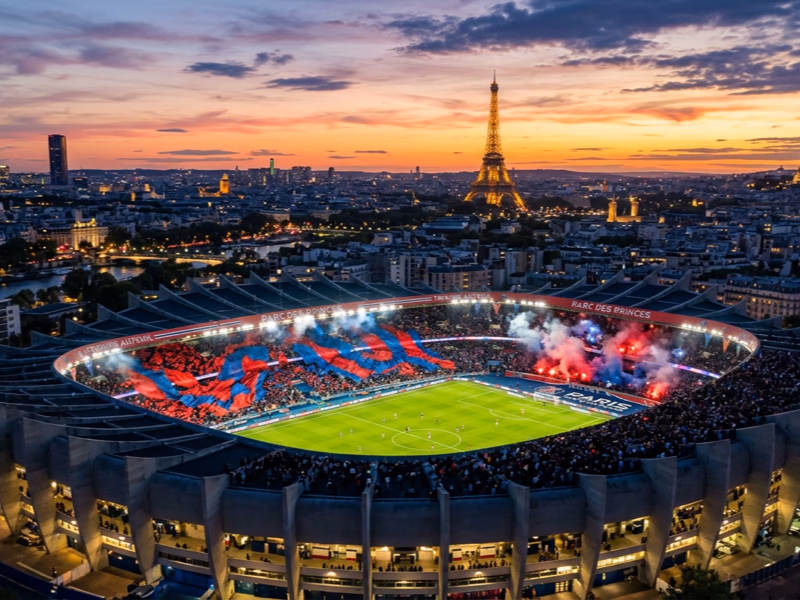Vue aérienne du Parc des Princes avec drapeaux parisiens rouge et bleu formant une chorégraphie tribune et Tour Eiffel à l'horizon