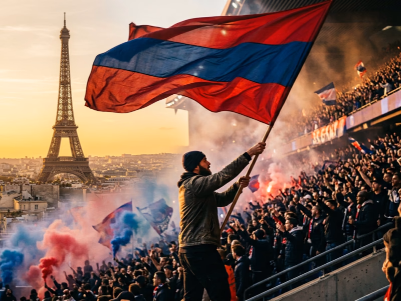 Mains de supporters parisiens brandissant un drapeau rouge et bleu PSG illustrant la passion du club de la capitale