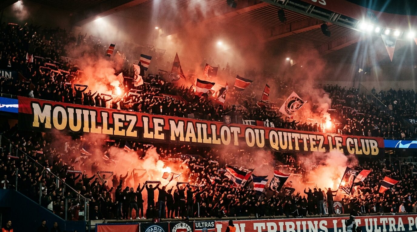 Tifo MOUILLEZ LE MAILLOT OU QUITTEZ LE CLUB tribune française ultras