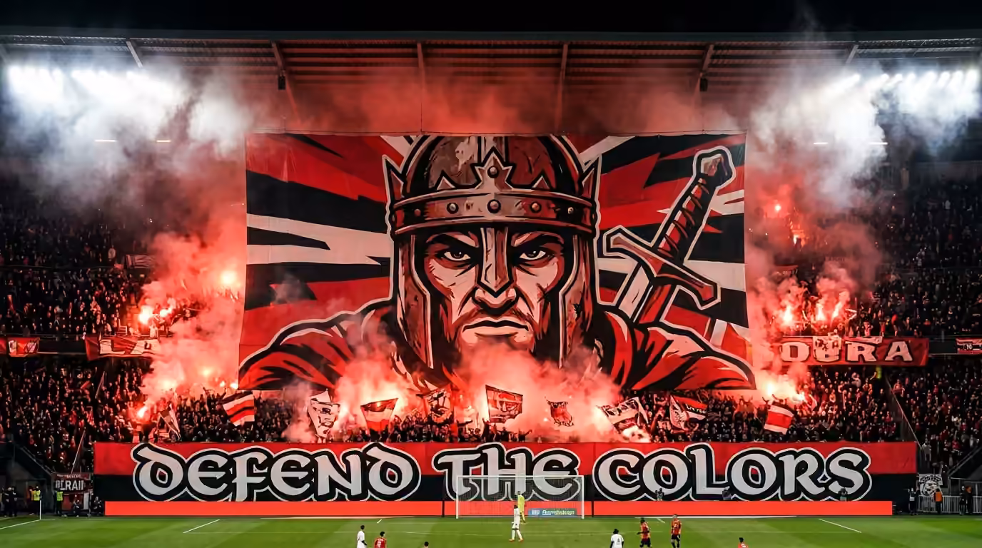 Tifo rectangulaire XXL guerrier déployé en tribune kop avec pyrotechnie et fumigènes
