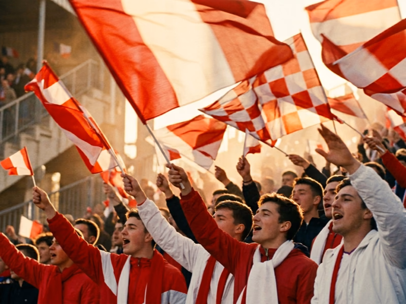 Supporters foot agitant des drapeaux personnalisés en tribune kop