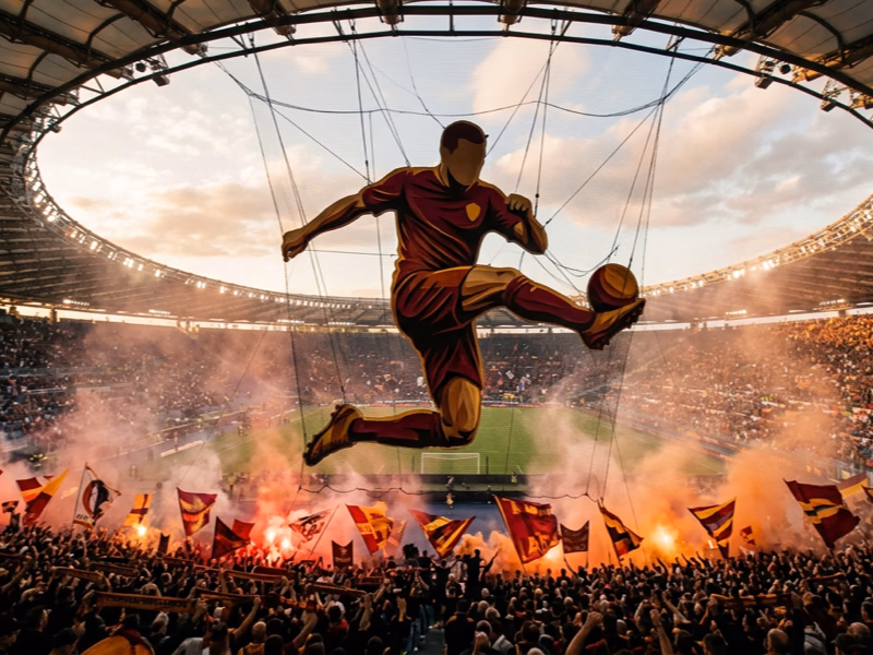 Tifo 3D suspendu avec éléments cousus sur filet support, effet relief monumental