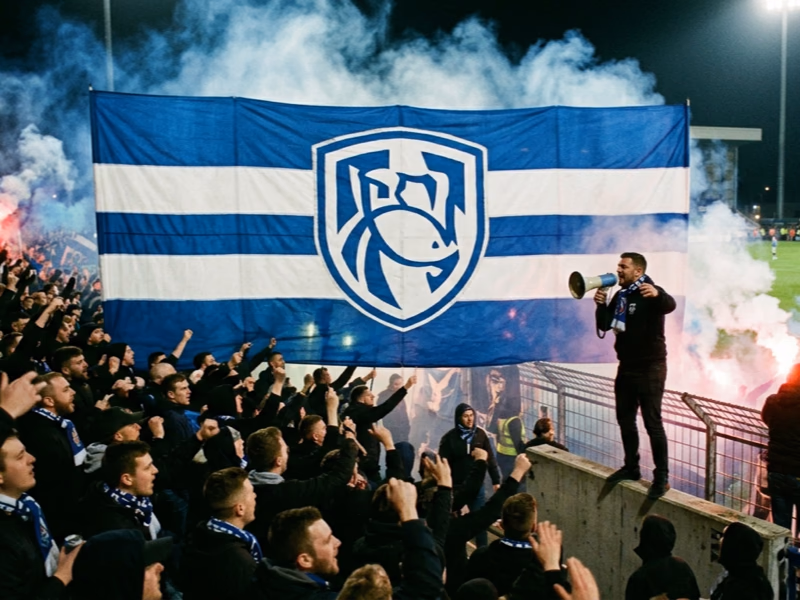 Tifo rectangulaire petit format en virage de stade