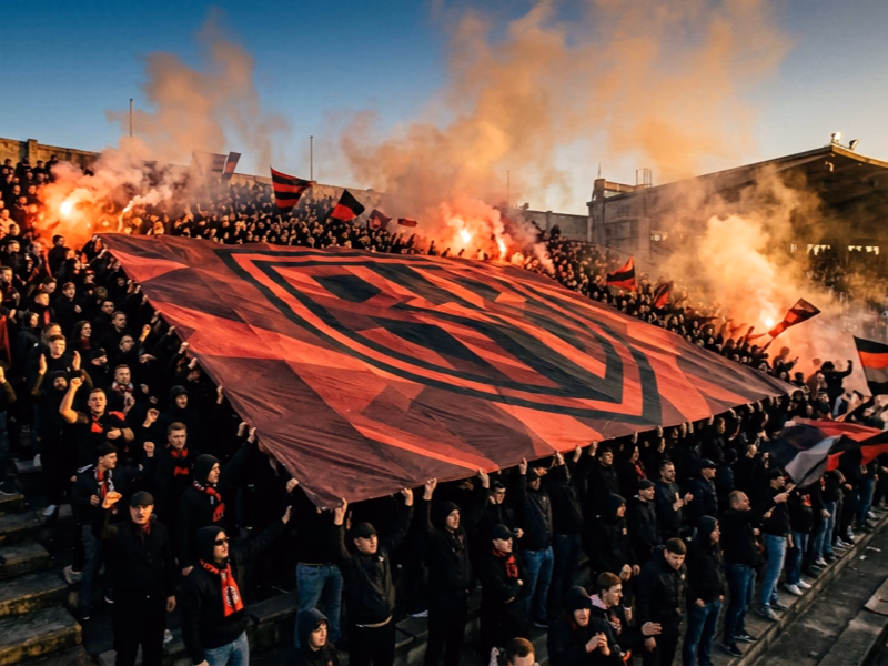 Tifo rectangulaire XXL déployé en tribune kop ultras