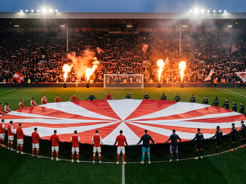 Équipe de bénévoles déployant un tifo rond central sur pelouse