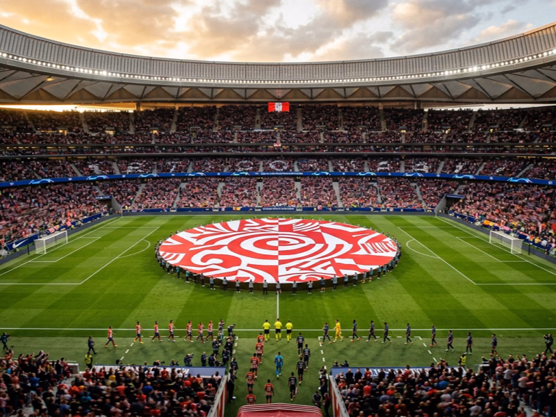 Tifo rond central déployé sur la pelouse d'un stade de football