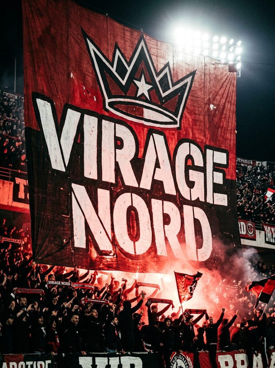 Tifo géant VIRAGE NORD déployé en stade ultras passion